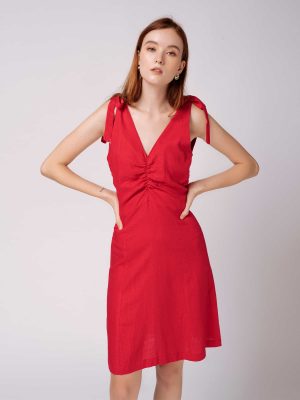 Đầm Linen Thắt Nơ Đỏ