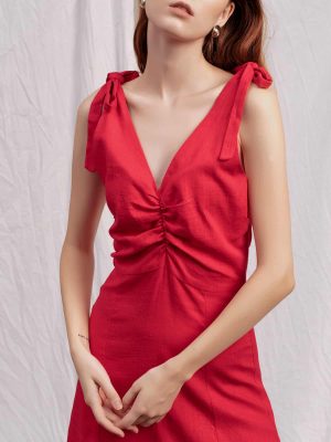 Đầm Linen Thắt Nơ Đỏ