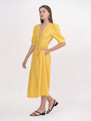 Đầm Linen Cài Nút Sò – Vàng