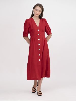 Đầm Linen Cài Nút Sò – Đỏ