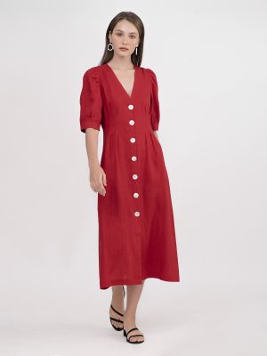 Đầm Linen Cài Nút Sò – Đỏ