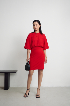 Đầm cổ trụ dệt kim tay lửng – RED