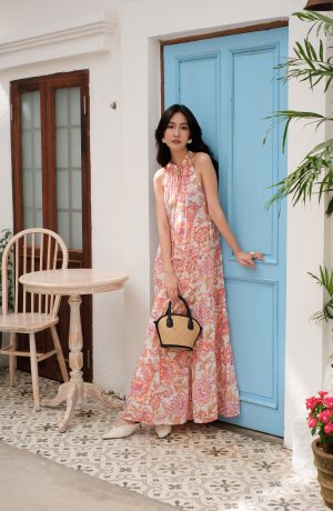 Blush Coral Botanical Halter Maxi Dress