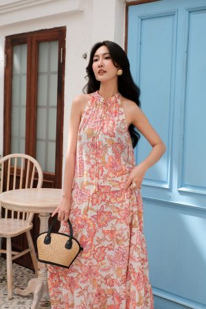 Blush Coral Botanical Halter Maxi Dress