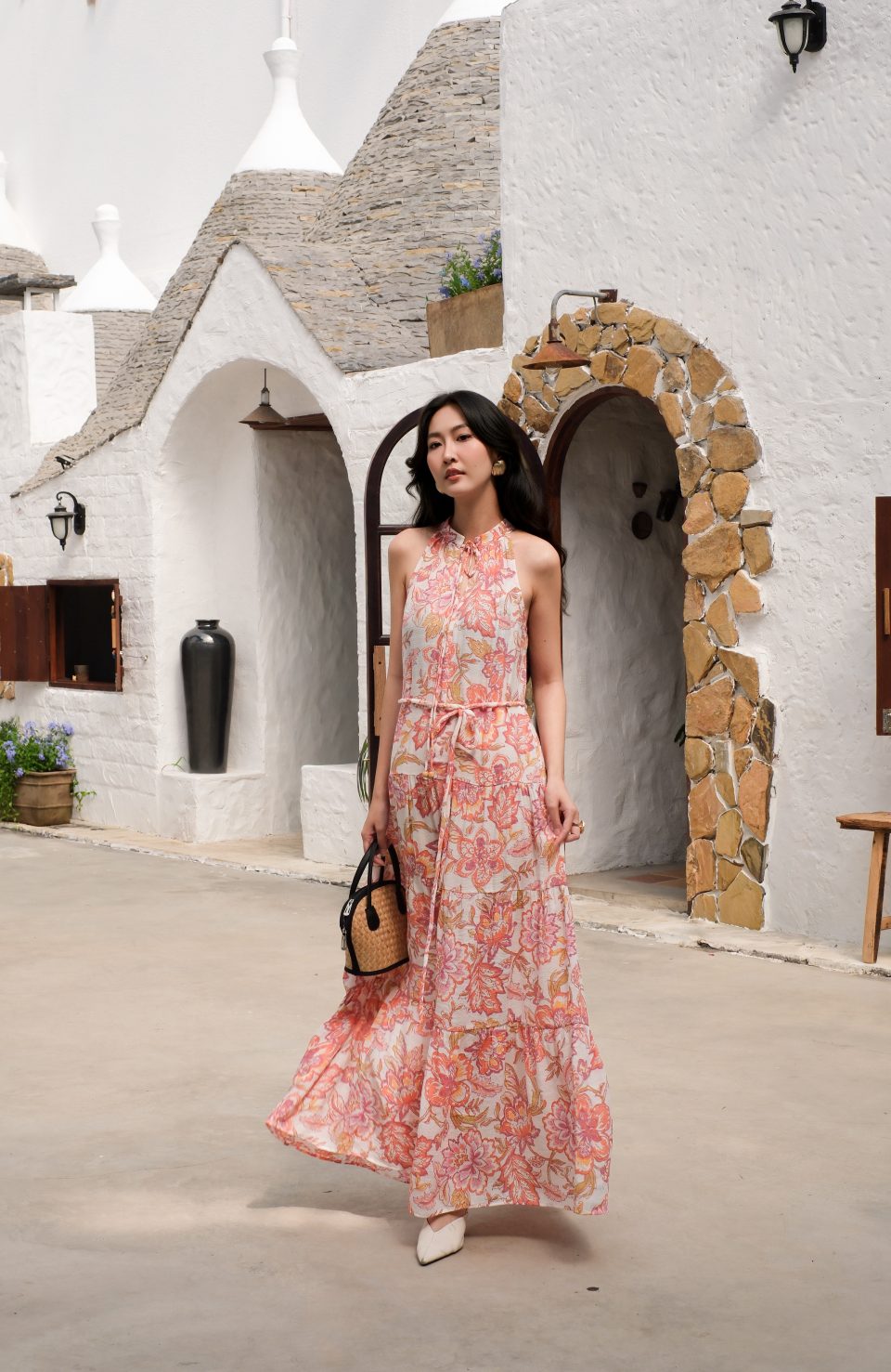 Blush Coral Botanical Halter Maxi Dress