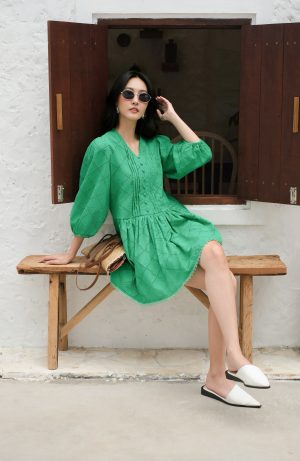 Emerald Eyelet Puff Sleeve Mini Dress
