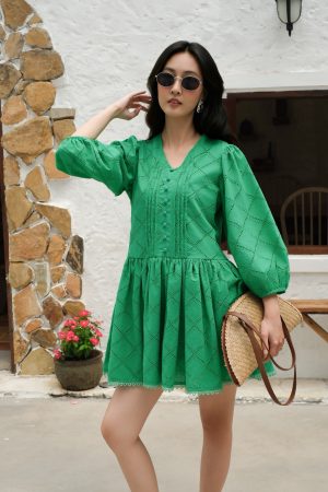 Emerald Eyelet Puff Sleeve Mini Dress