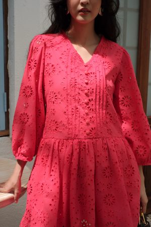 Crimson Floral Eyelet Babydoll Dress