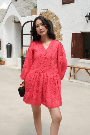 Crimson Floral Eyelet Babydoll Dress