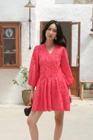 Crimson Floral Eyelet Babydoll Dress