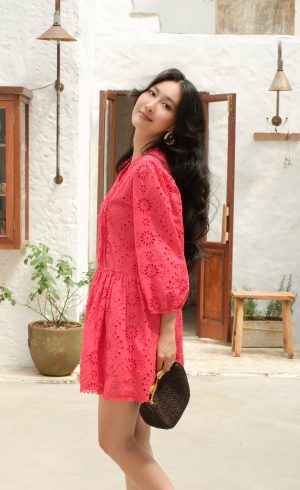 Crimson Floral Eyelet Babydoll Dress