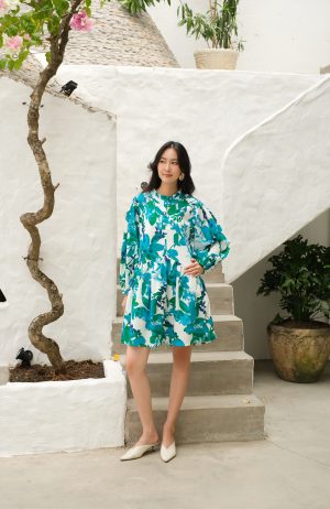 Aqua Botanical Ruffle Collar Dress