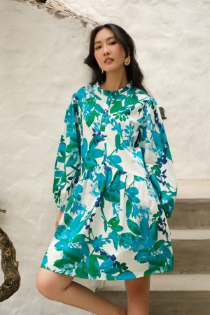 Aqua Botanical Ruffle Collar Dress