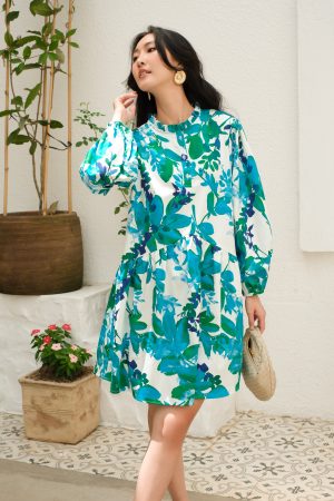 Aqua Botanical Ruffle Collar Dress