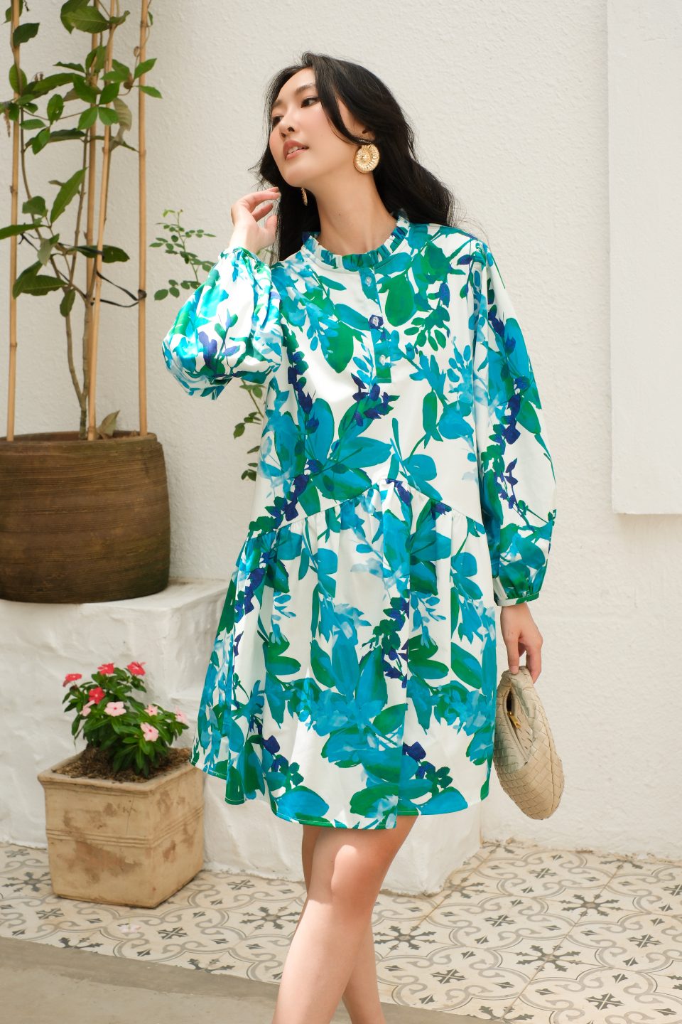 Aqua Botanical Ruffle Collar Dress