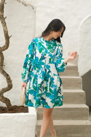 Aqua Botanical Ruffle Collar Dress