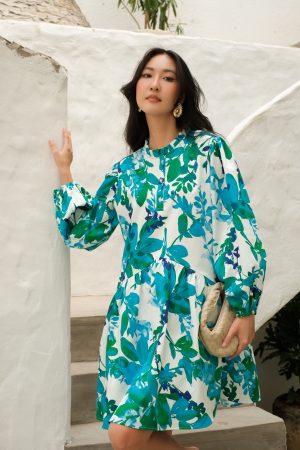 Aqua Botanical Ruffle Collar Dress