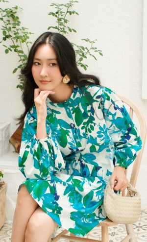 Aqua Botanical Ruffle Collar Dress