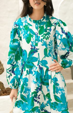 Aqua Botanical Ruffle Collar Dress